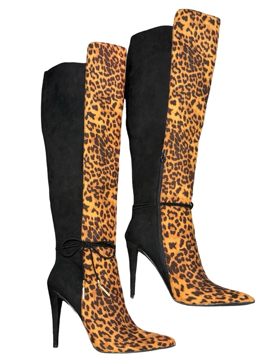 Shoes - 🐆▪️Black + Leopard Over-the-Knee Stiletto Boots with Rhinestone Tassel Ties▪️🐆